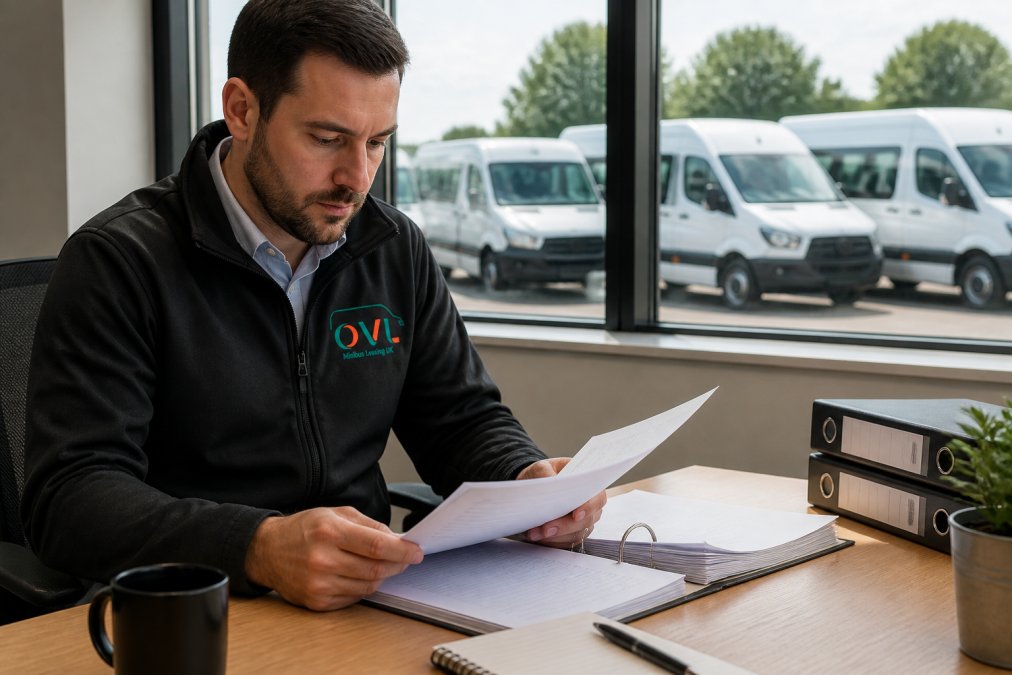 Operations manager reviewing detailed lease agreement document at modern office desk, with minibus fleet visible through window in natural daylight