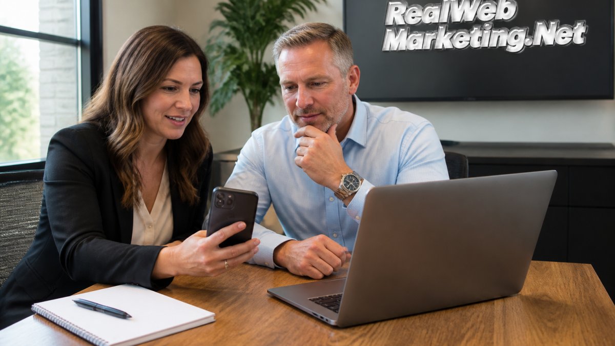 A marketing consultant and a small business owner reviewing website performance metrics on a smartphone and laptop at a wooden conference table in a bright office