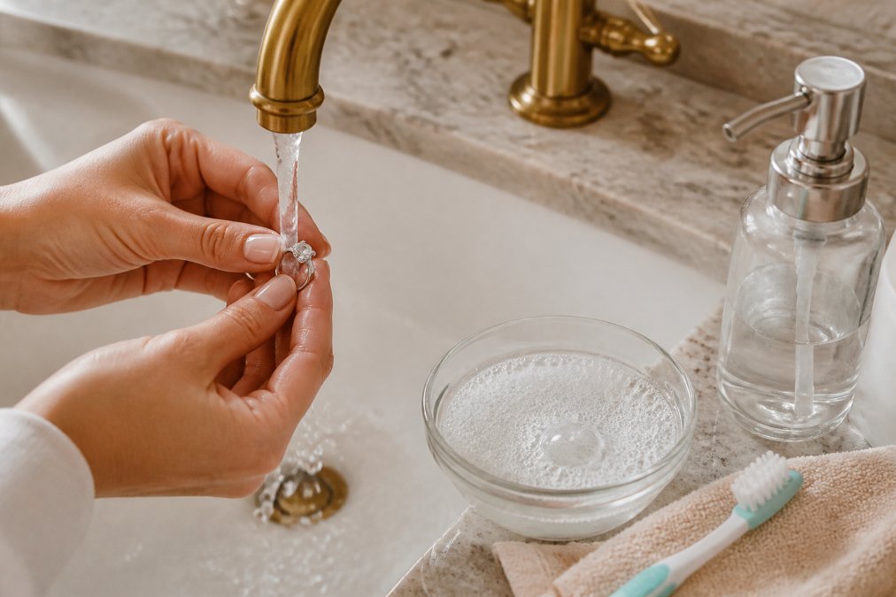 Close-up of hands holding a moissanite ring under warm running water, with a soft toothbrush and mild soap nearby on a bathroom counter