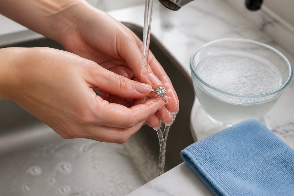 Close-up of hands gently cleaning a moissanite ring under warm running water with mild dish soap, a soft microfiber cloth visible on the marble countertop beside the ring