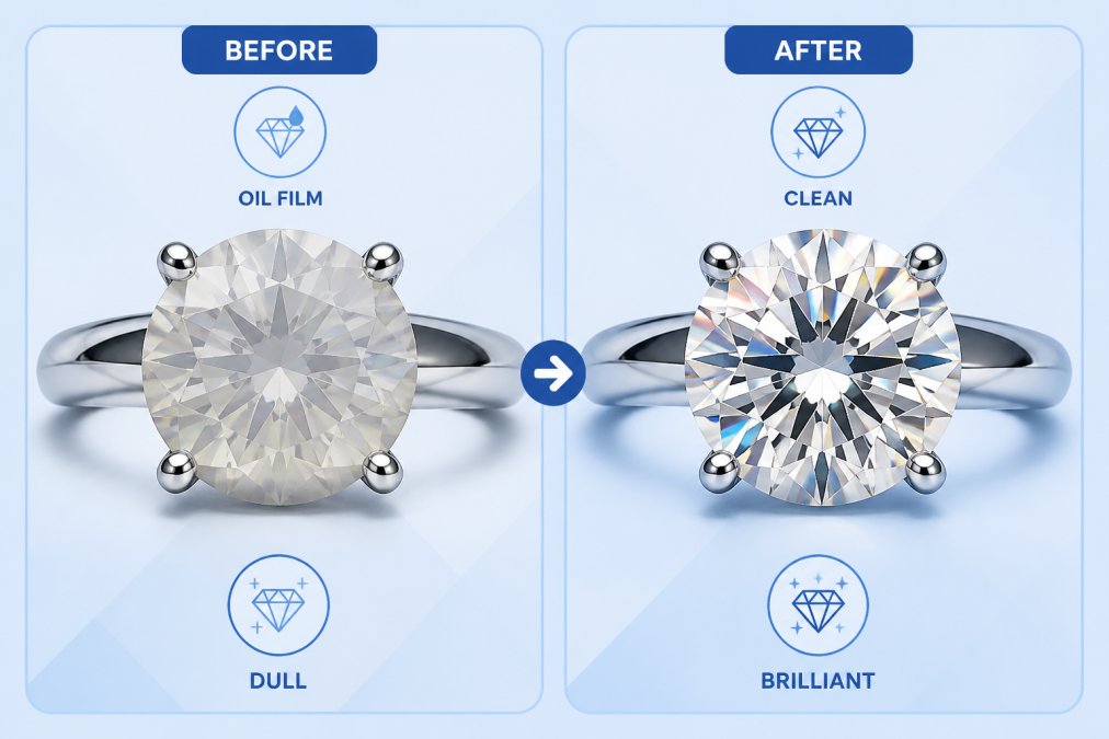 Side-by-side moissanite ring showing visible oil film and dullness on the left stone next to the same ring sparkling brilliantly after cleaning on the right, demonstrating the dramatic difference in fire and brilliance