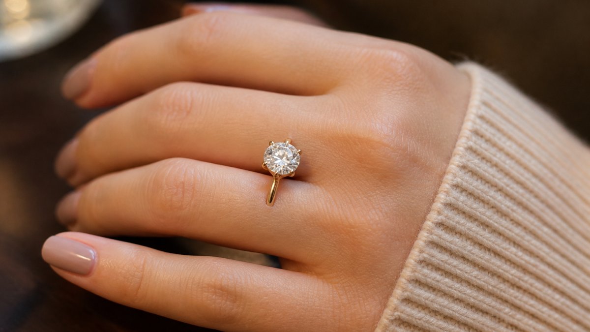 Close-up of a hand wearing a sparkling round solitaire ring under warm indoor lighting