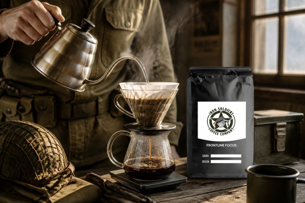 Hands pouring hot water over mushroom coffee grounds in a pour-over cone setup, with equipment and a wooden surface visible, steam rising from the filter, natural morning light illuminating the scene