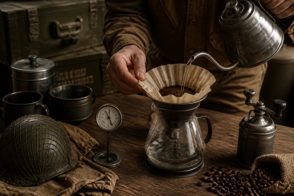 Hands holding a coffee filter and pouring hot water over ground mushroom coffee blend, with brewing equipment and a thermometer visible on a wooden counter