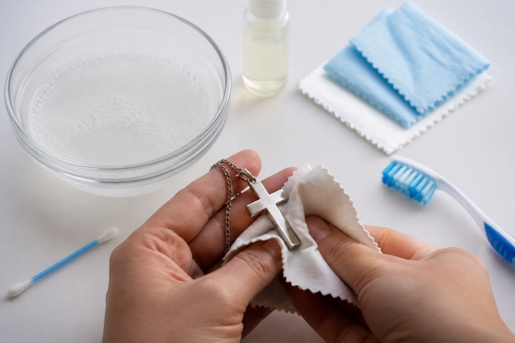 Person gently cleaning a nano-engraved cross pendant with a soft microfiber cloth, with mild soap solution and jewelry care supplies visible nearby on a light surface