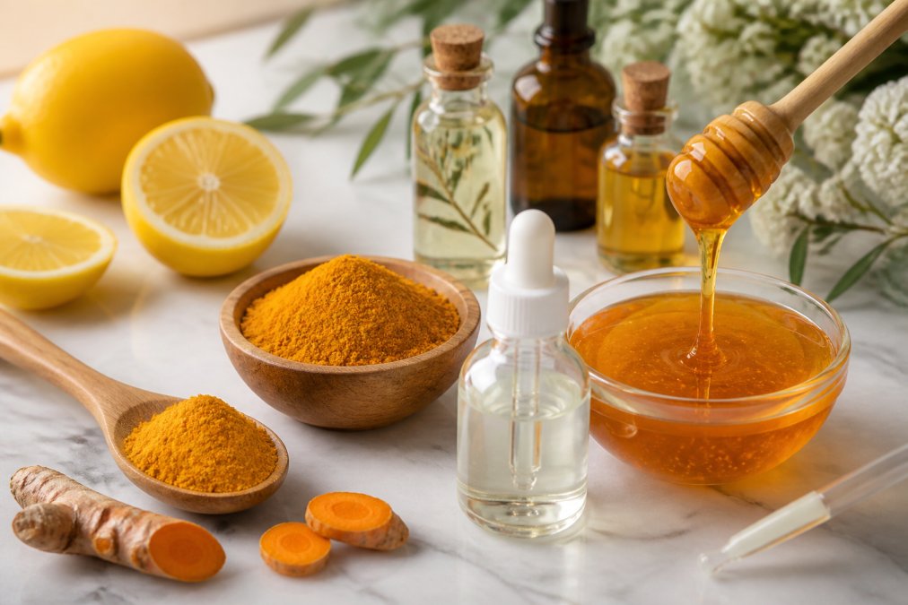 Close-up of natural skincare ingredients including turmeric powder in a small wooden bowl, fresh lemon slices, raw honey dripping from a wooden dipper, and botanical extracts in glass bottles arranged on a clean white marble surface with a glass dropper bottle nearby