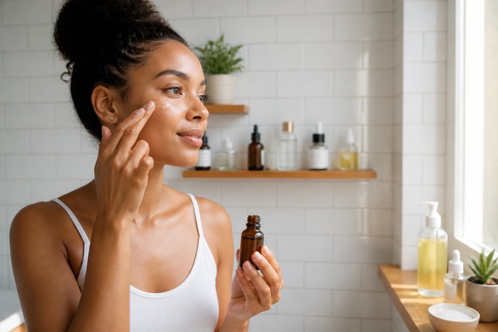 Woman with glowing skin applying natural serum to her face with fingertips in a bright, minimalist bathroom with white subway tile walls, natural morning light streaming through a window, and skincare bottles and jars neatly arranged on a floating wooden shelf in the background
