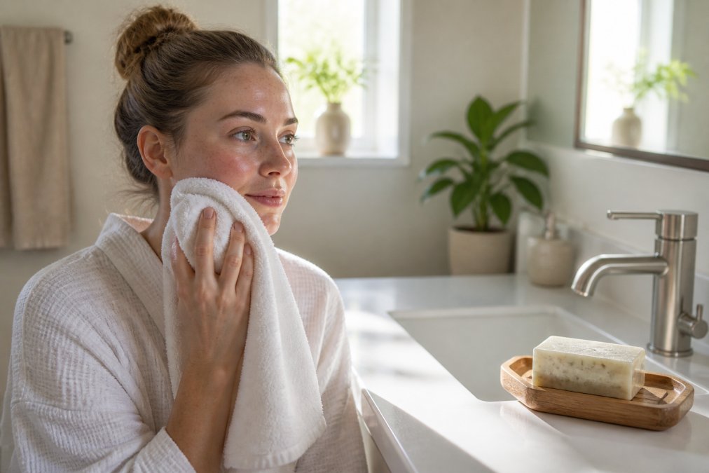 Woman with fair skin gently patting her face dry in a bright bathroom, with natural soap nearby to help with rosacea.