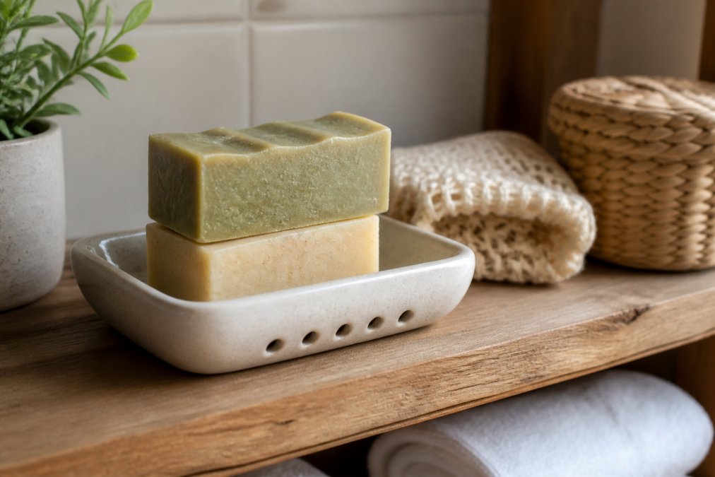 Bathroom shelf with natural soap bars in a ceramic soap dish featuring drainage holes, showing proper air circulation and organized dry storage setup with soft natural lighting