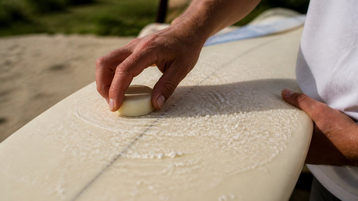 Step-by-step diagram illustrating the circular motion technique to create a bumpy wax texture on a surfboard deck