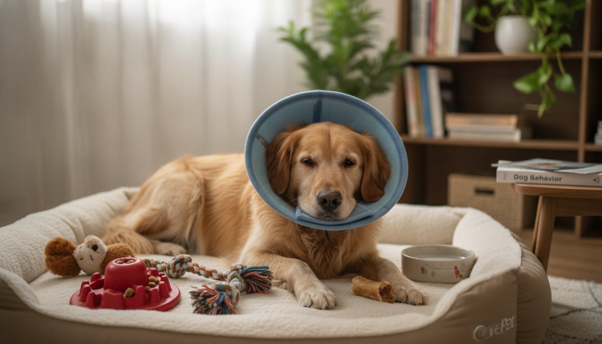 Professional illustration showing dog and resting and comfortably concepts for neutering change personality