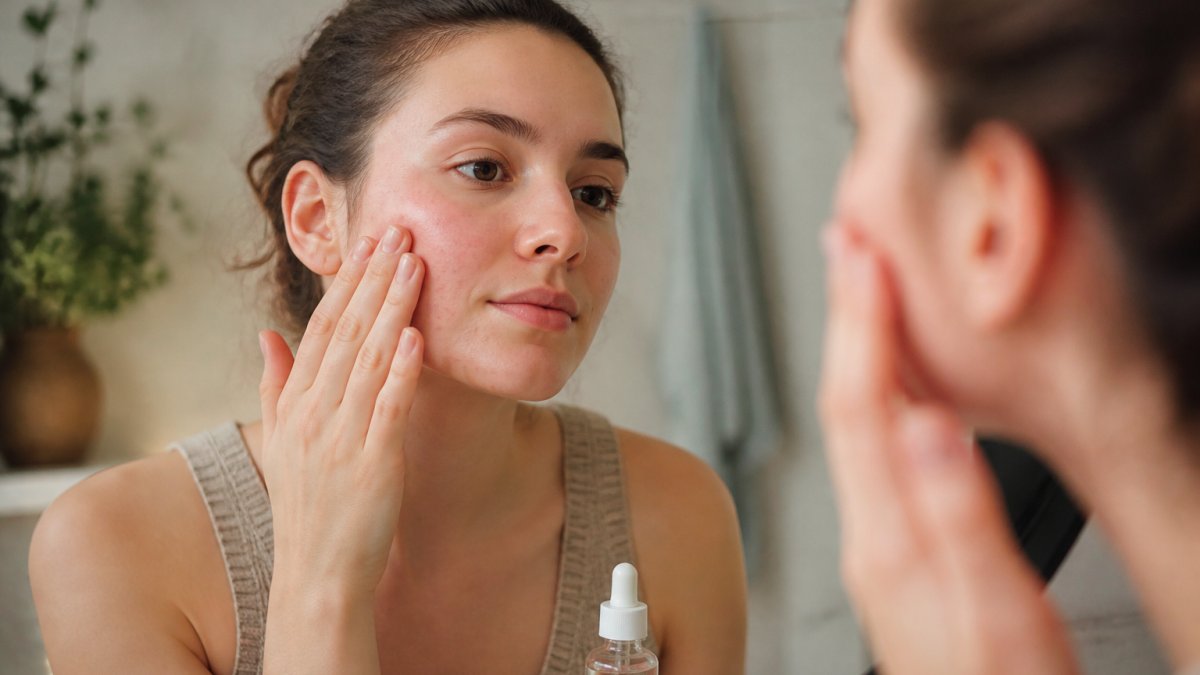Person with sensitive skin applying a gentle niacinamide serum to their face with fingertips, showing careful, minimal application technique in soft natural lighting