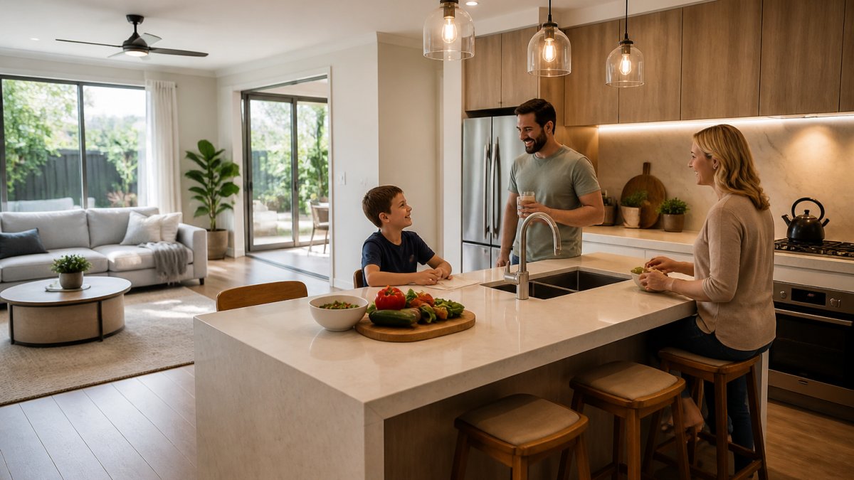 Family members interacting in a bright, modern open plan kitchen that adds value to a home.