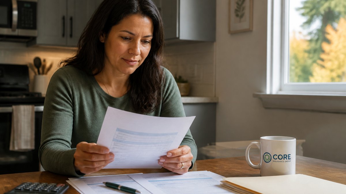 A person at a kitchen table reviewing tax documents and a life insurance beneficiary statement with a laptop open, looking focused and relieved