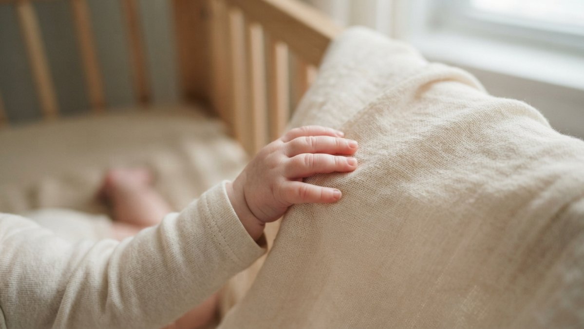 Close-up of a baby's hand touching soft organic cotton fabric draped gently over a crib, showing the delicate weave and natural texture against pale skin