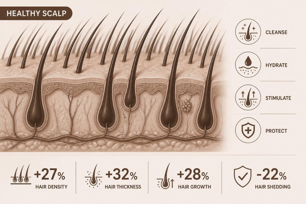 Close-up of healthy scalp with visible hair follicles and natural texture, showing scalp health and hair density with natural lighting
