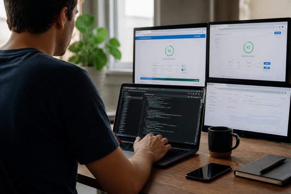 Developer working on code optimization on a laptop with multiple browser windows open showing page speed test results and performance metrics dashboards in a focused workspace