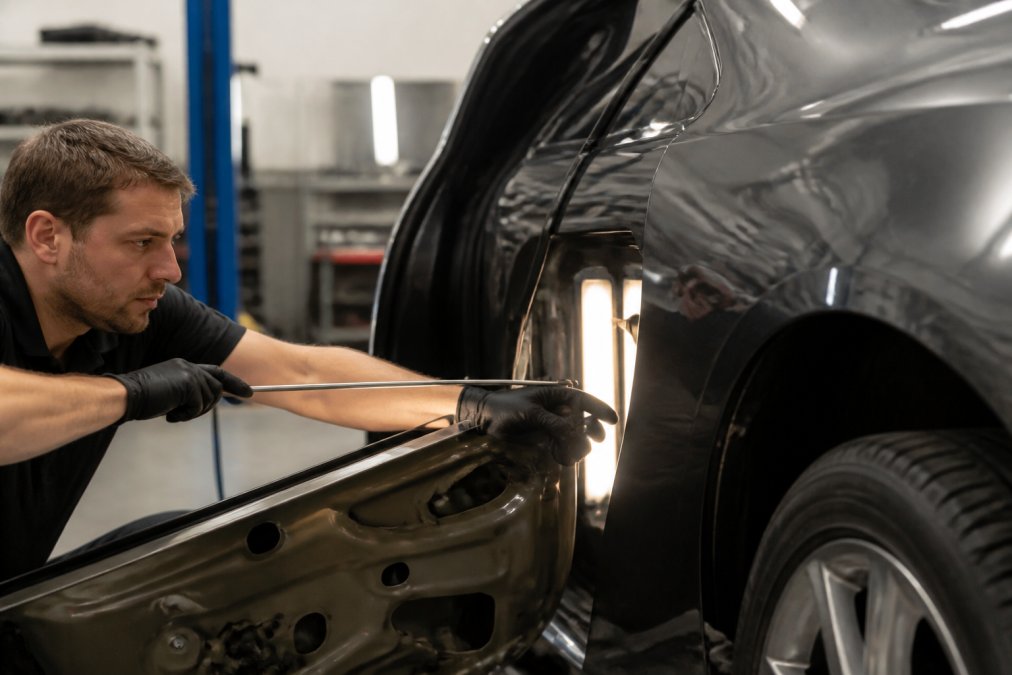 A certified paintless dent repair technician using specialized rods and hooks to gently massage a dent from behind a vehicle panel in a clean, well-lit auto body shop