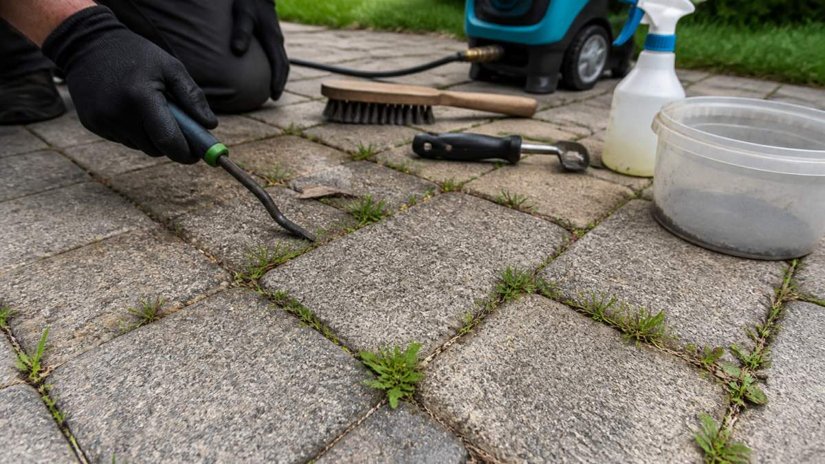 Close-up of weathered paver joints with visible green weeds sprouting between gray stones, soil and organic debris visible in the cracks, natural outdoor lighting
