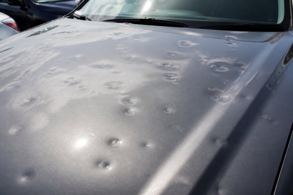 Close-up of a vehicle's hood showing multiple hail dents of varying sizes, with natural lighting revealing the depth and surface damage clearly