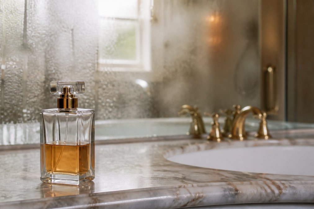 Glass perfume bottle on a bathroom sink with steam making perfume expire bathroom shelf life shorter.