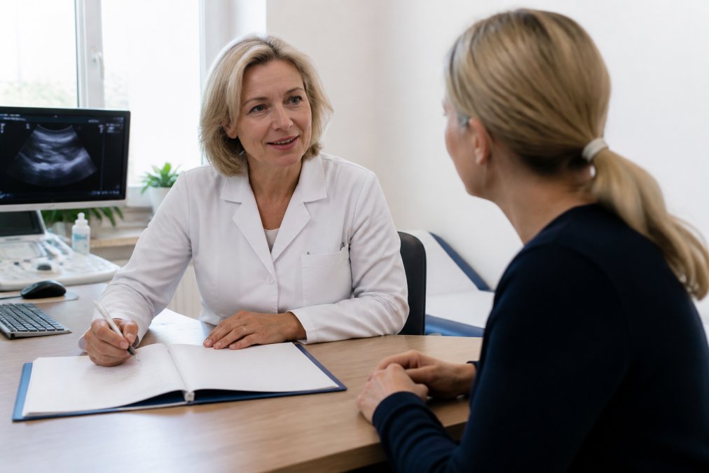 Professional gynaecologist in white coat reviewing ultrasound images on computer screen in modern private clinic with soft natural lighting, patient file visible on desk