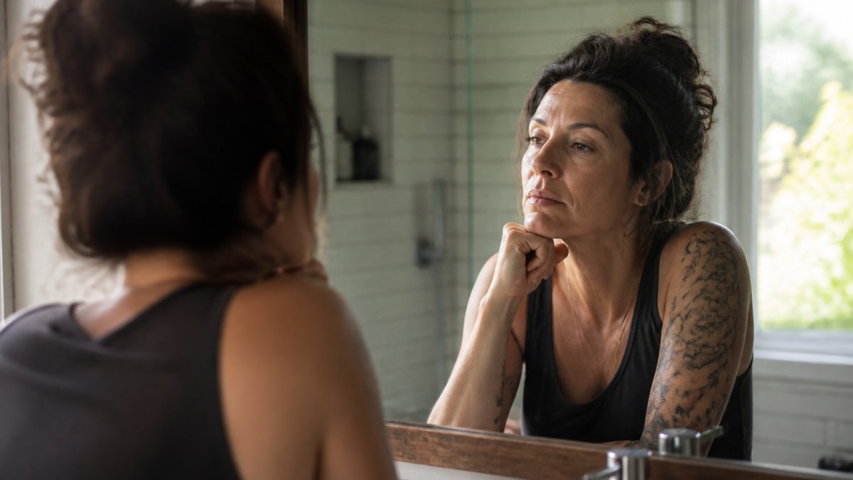 Woman in her 40s looking thoughtfully at her reflection in morning light, hand on her chin, tired but composed, conveying the internal complexity of hormonal shifts