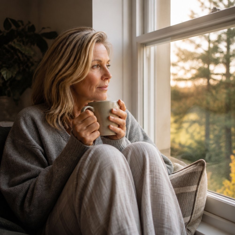 Woman sitting by a window holding a warm cup of tea, natural daylight streaming through glass, calm reflective expression, cosy indoor setting