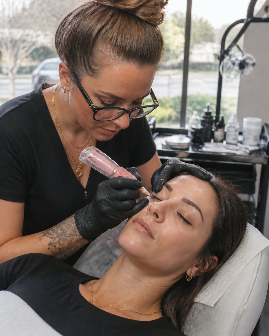 Professional PMU artist applying permanent eyeliner to relaxed client seated in comfortable reclining chair with proper lighting and sterile equipment visible in modern clinical setting