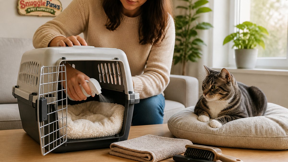 A person in a bright living room lightly misting a soft blanket inside a cat carrier while a calm cat watches from a nearby cushion