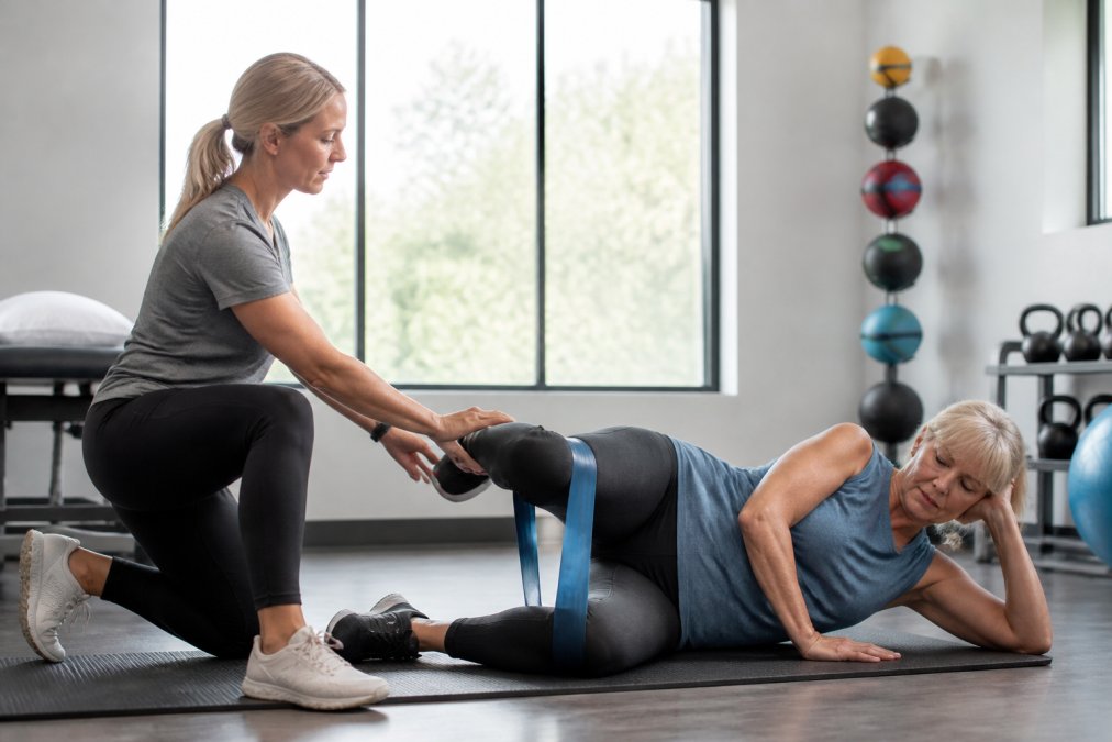 Physical therapist demonstrating proper hip abductor strengthening exercise with patient using resistance band in bright, modern clinical treatment room with natural lighting