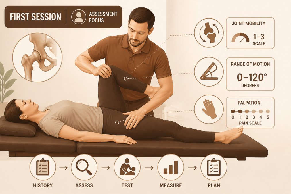 Patient lying on physical therapy treatment table while therapist performs manual assessment of hip joint mobility, range of motion, and palpation in clinical setting with soft lighting