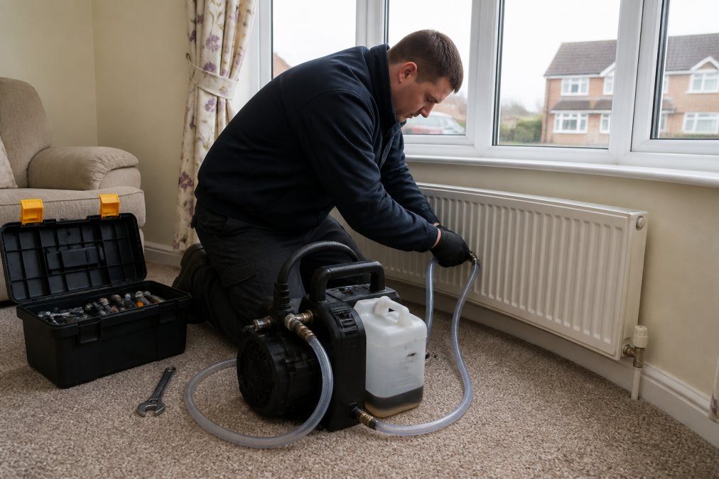 A heating engineer in dark workwear kneeling on a living room carpet, connecting a power flushing pump with clear hoses to a white panel radiator, toolbox open beside him, overcast daylight through a bay window