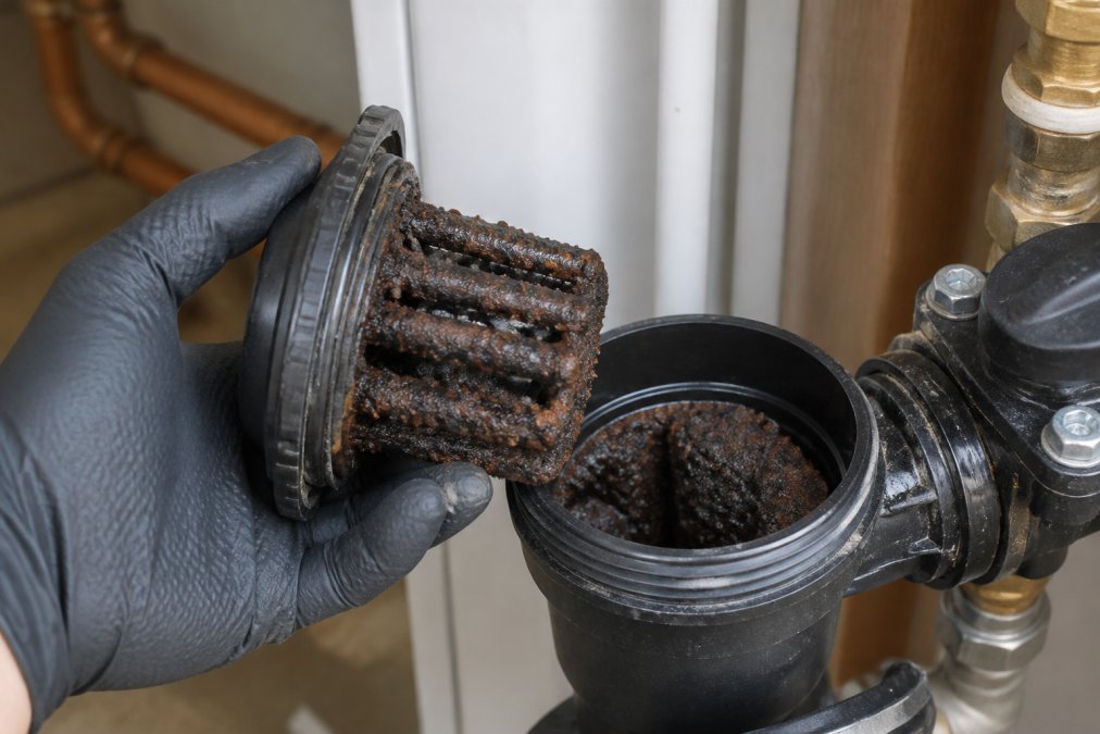 Close-up of a magnetic filter cartridge being opened, showing dark sludge and iron oxide deposits collected from a domestic heating system, with the engineer's gloved hand holding the cartridge