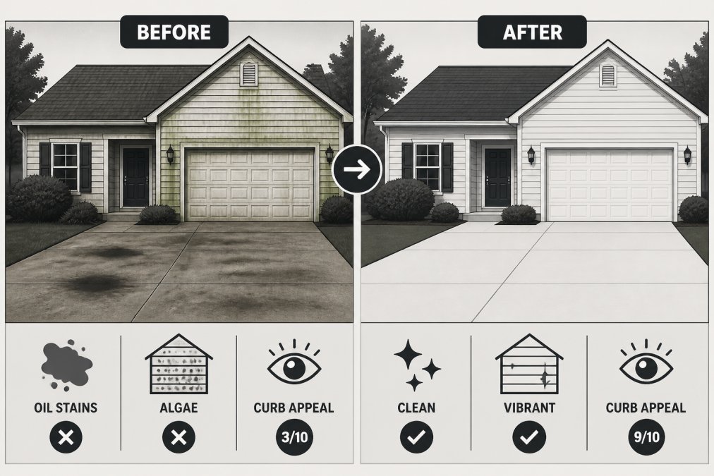 Before-and-after side-by-side of a residential property showing a dirty driveway with oil stains and algae-covered siding on the left, and the same home with a pristine cleaned driveway and vibrant siding on the right