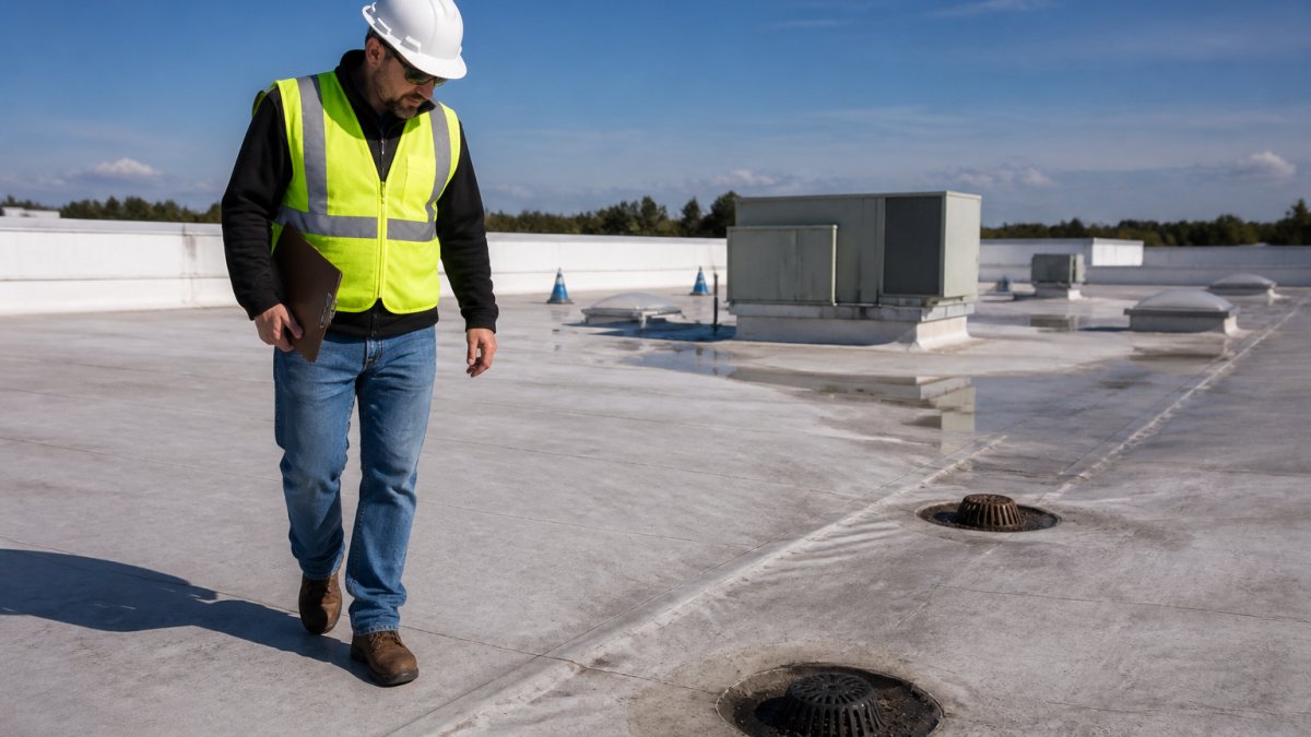 A roofing inspector in safety gear walking a flat commercial roof membrane, clipboard in hand, examining seams and drainage areas on a clear day