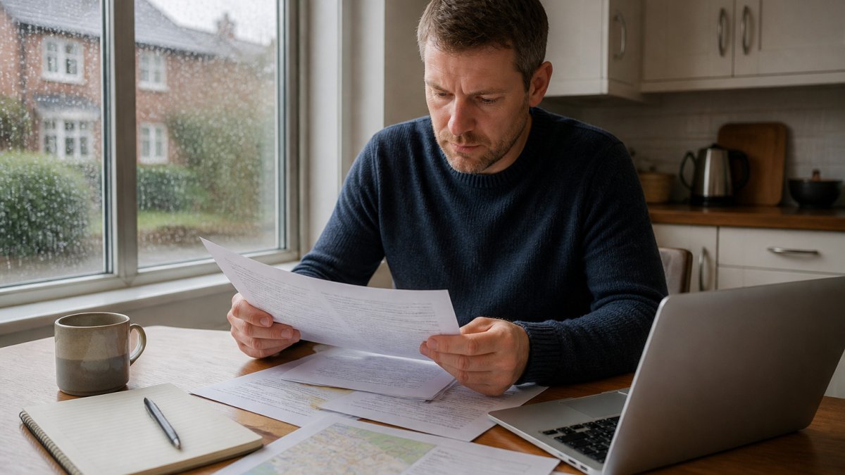 Infographic showing steps to check a property for previous flooding using paperwork and digital records.