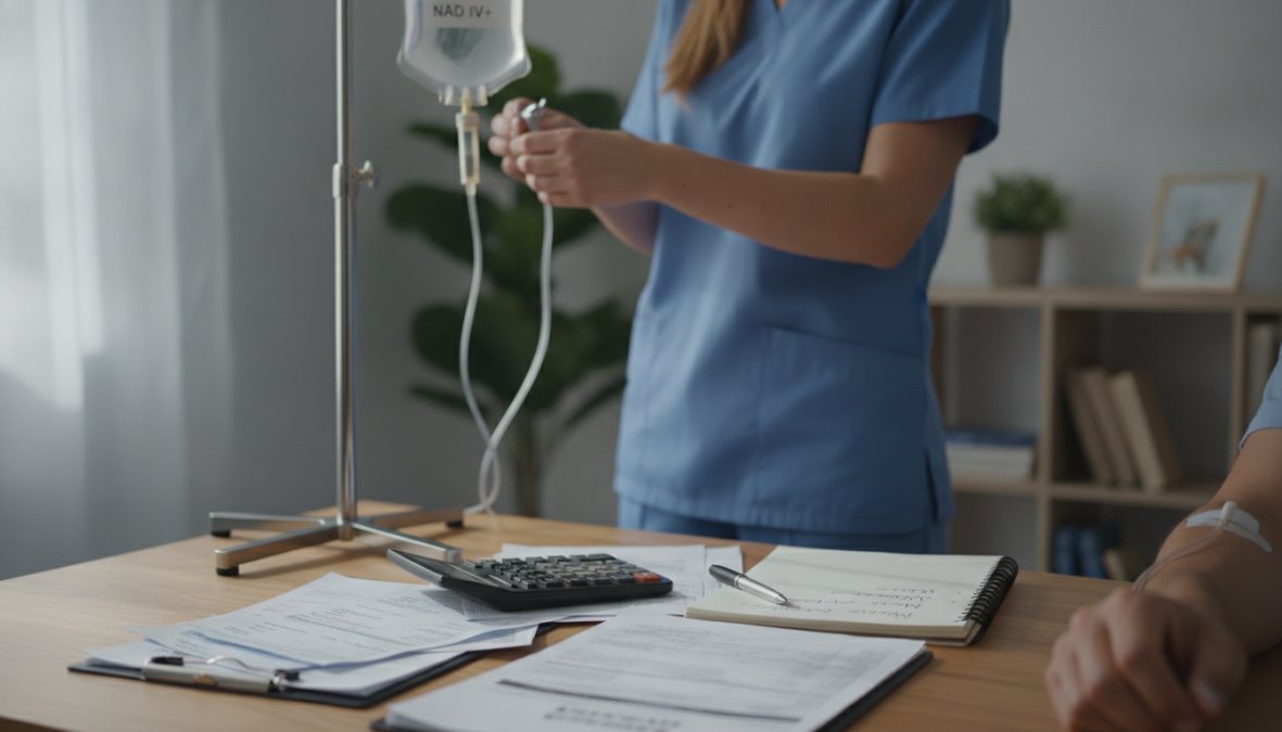 A patient sitting in a modern clinical setting receiving an IV infusion, with a nurse in scrubs nearby adjusting the IV drip line, bright overhead lighting illuminating a clean and organized treatment room
