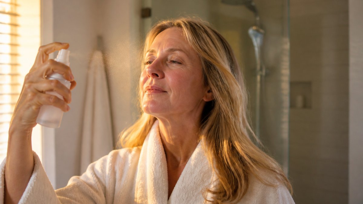 Woman in her 50s applying probiotic mist to her face with a calm, focused expression, natural bathroom lighting, holding the spray bottle at arm's length