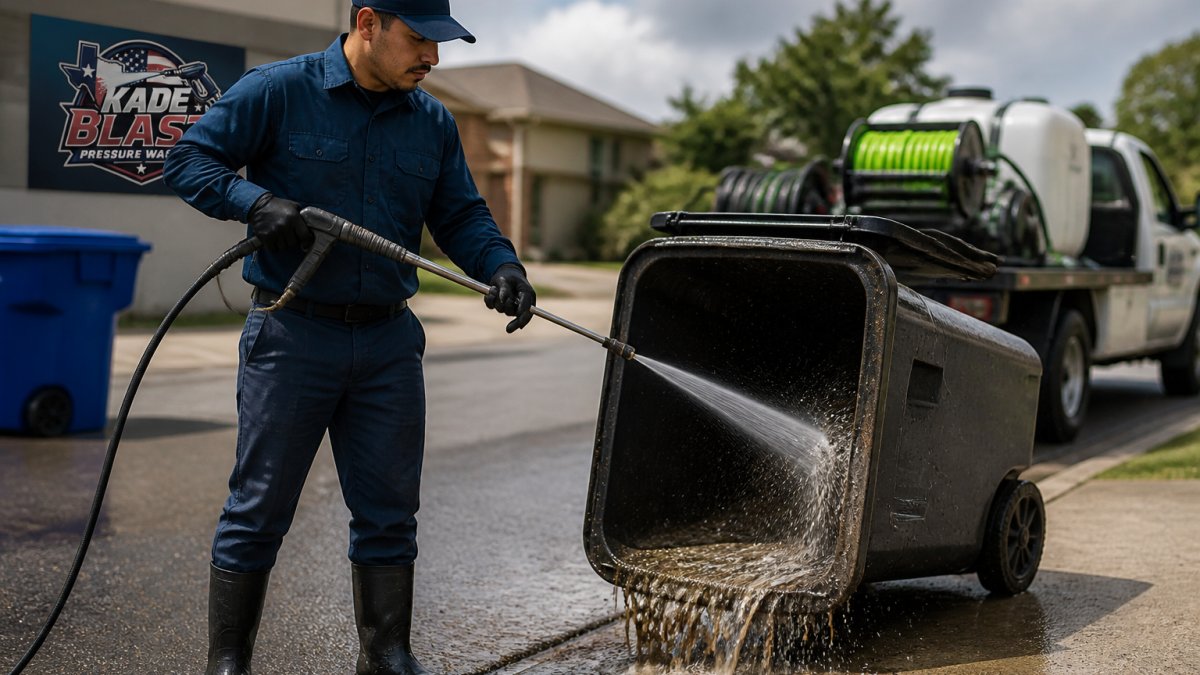 A technician in protective gloves and a uniform using a high-pressure wand to spray out the inside of a residential wheelie bin at the curb, with water and loosened grime visibly flushing out, a service truck in the background