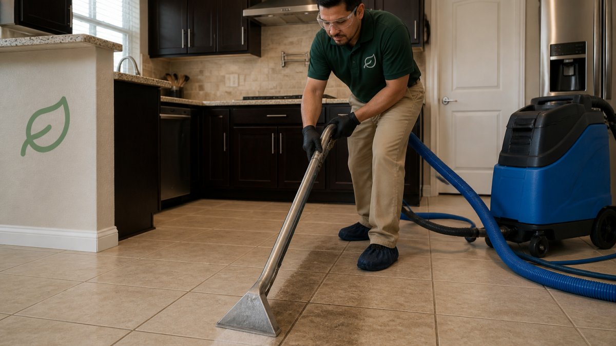 A technician in protective gear using a hot water extraction wand on a tiled kitchen floor, with a visible line of clean grout beside a strip of dark soiled grout