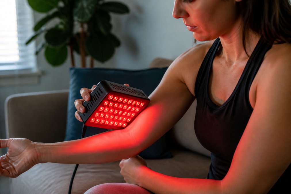 Close-up of a person holding a small red light therapy panel device close to their forearm, with a warm red glow illuminating the skin in a clean, modern home setting