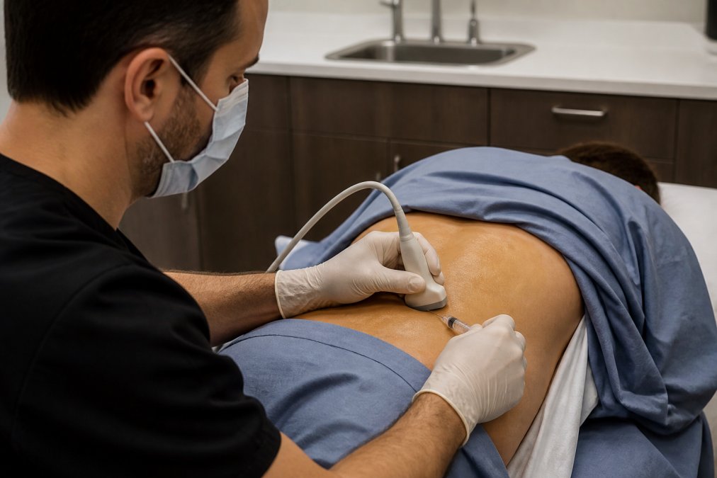 Medical professional performing an intradiscal injection procedure on a patient's lower back in a clinical setting, demonstrating proper needle positioning and technique with ultrasound guidance
