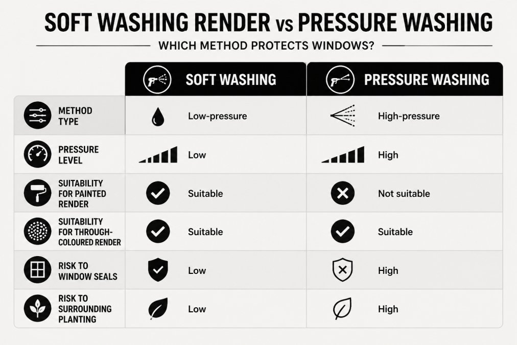 Comparison matrix of soft washing vs pressure washing for render cleaning: method type, pressure level, suitability for painted render, suitability for through-coloured render, risk to window seals, risk to surrounding planting