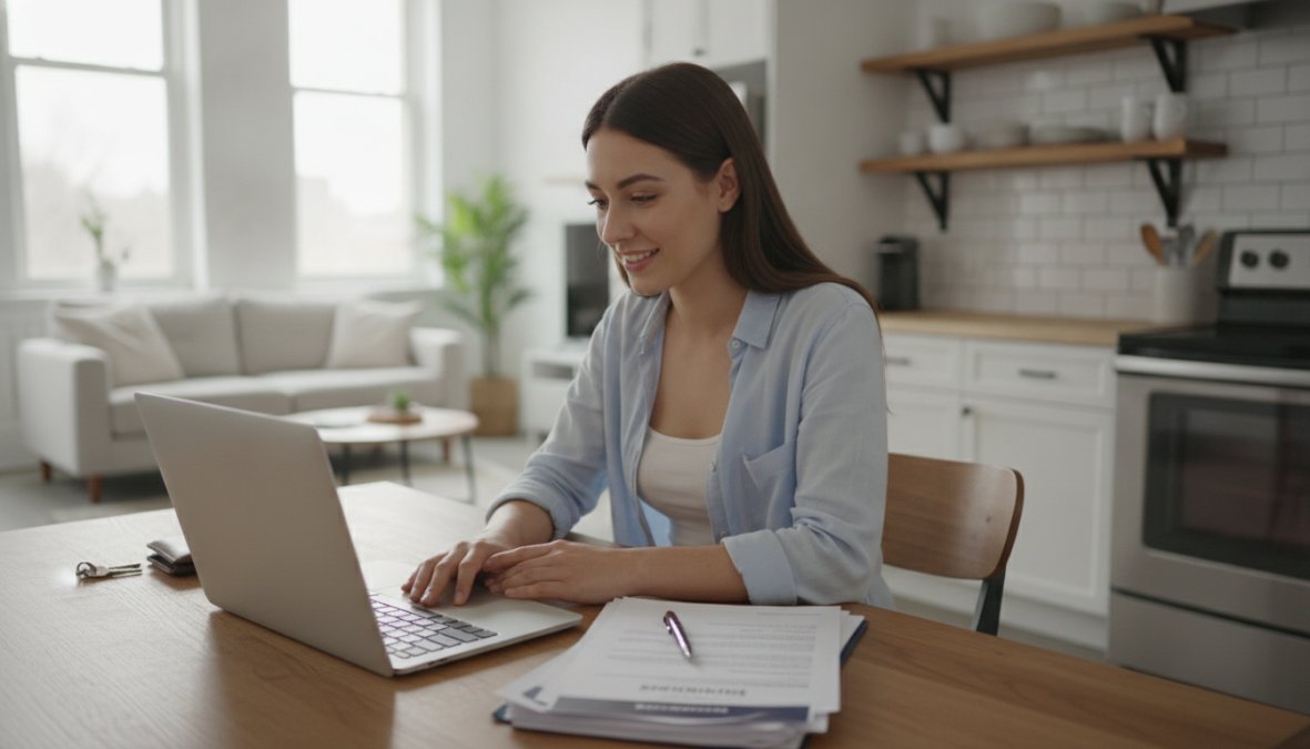 A renter sitting at a kitchen table reviewing insurance documents on a laptop, looking reassured, with a bright and modern apartment visible in the background, warm natural light coming through large windows