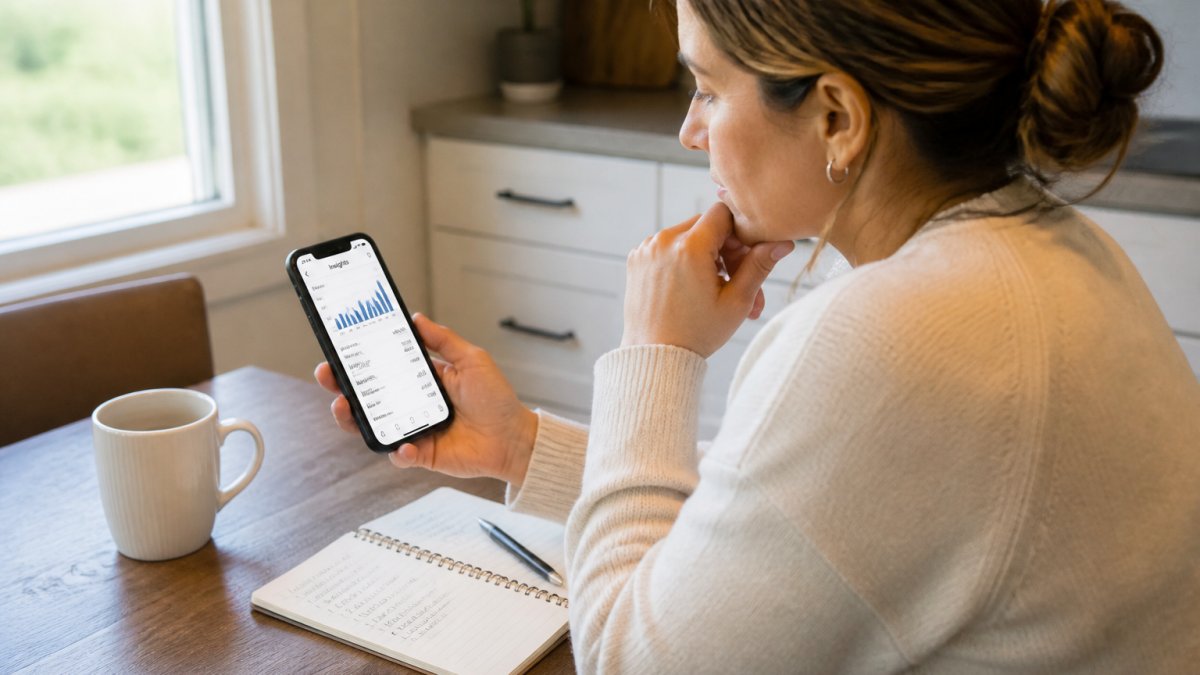 A woman in her thirties at a kitchen table with a smartphone showing the Instagram Insights screen, notebook with handwritten notes beside her, morning coffee, natural window light