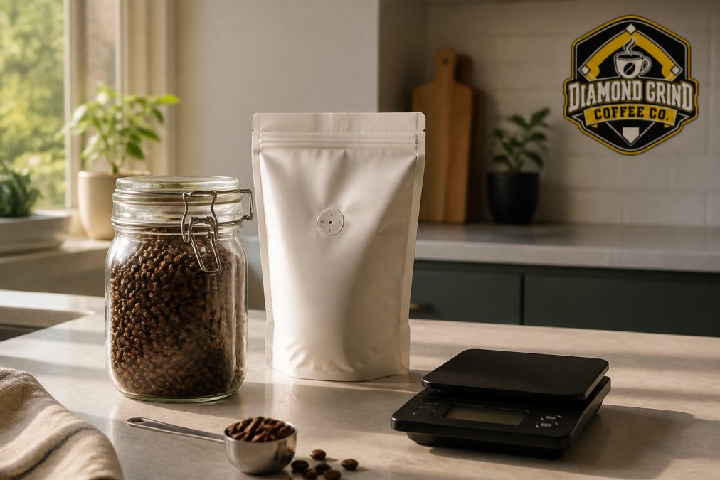 Airtight glass container of coffee beans and a one-way valve bag on a kitchen scale in soft morning light