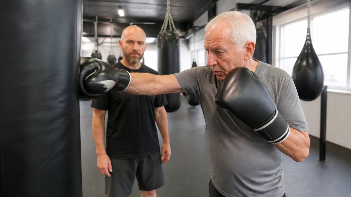 Person with Parkinson's throwing controlled punches at a heavy bag while an instructor supervises nearby in a bright, supportive gym environment