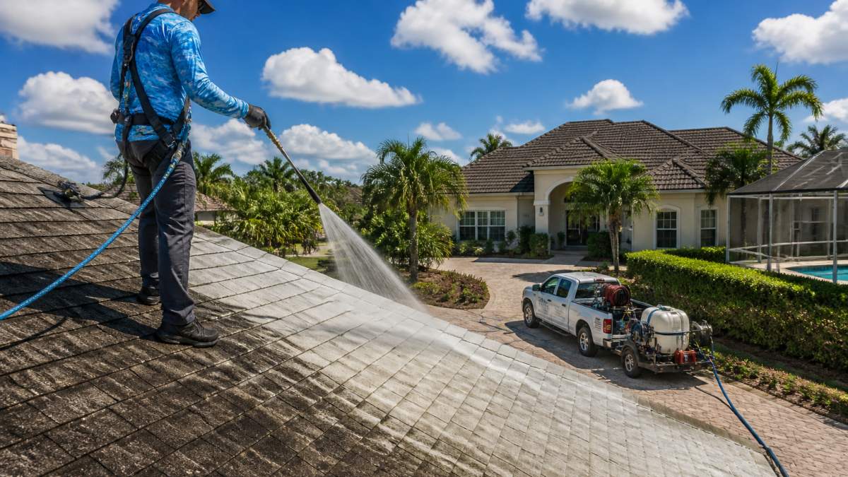 Technician using a soft wash system to safely clean algae from asphalt shingles without affecting does roof cleaning void