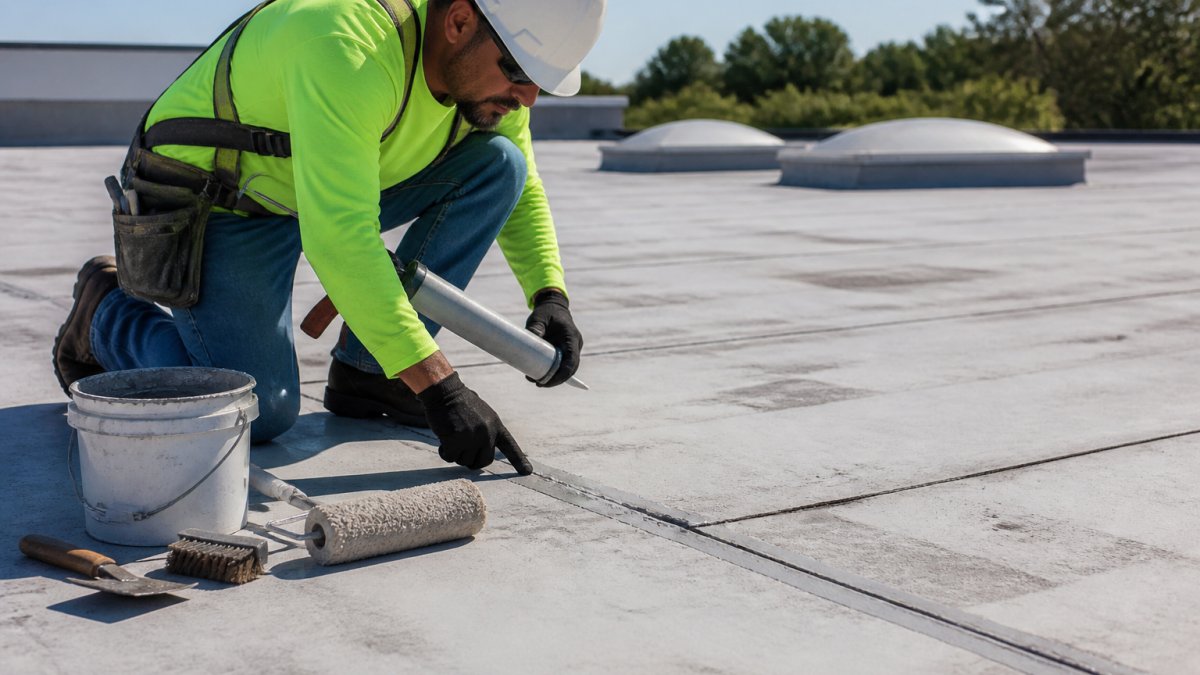 A roofing contractor in safety gear kneeling on a flat commercial roof surface, inspecting seams and cracks with a caulk gun and a bucket of coating nearby, bright daylight